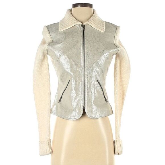 Phosphorus Jackets & Blazers - Phosphorus Leather Jacket Knit Sleeves Wool Blend Silver Zippers Size Small